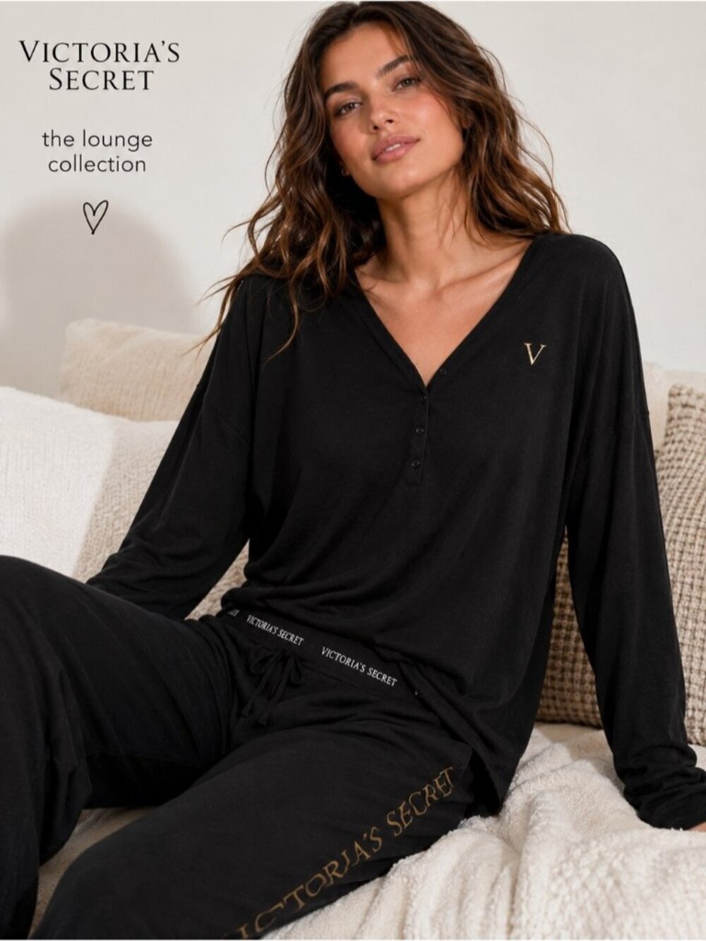 Victoria’s Secret Black Long Sleeve Henley Top XL Soft Lounge Knit